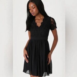Lulu’s Angel in Disguise Black Lace and Chiffon Skater Dress